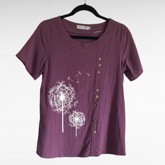MISSLOOK Tops - PURPLE TEXTURED DANDELION SHORT SLEEVE BUTTON FRONT TOP